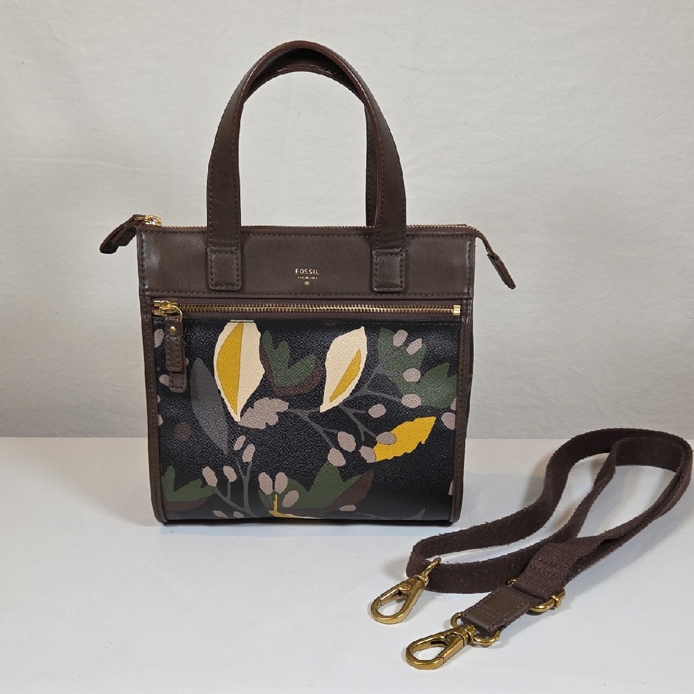 Fossil Brown and Black Floral Top Handle Satchel Crossbody Bag